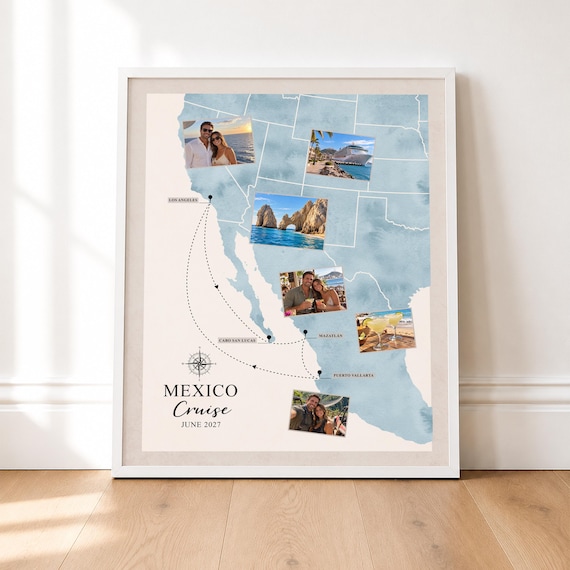 Mexico Cruise Map with Photos: Personalized Trip Route, Mexican Riviera Travel Gift