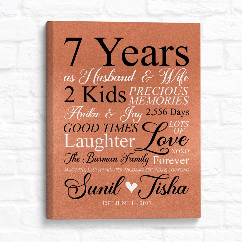 7th Anniversary Gift, Copper 7 Year Anniversary Art Personalized Sign, Couples Gift, 7th Anniversary for Him, Her, Husband, Wife Seven Years image 1