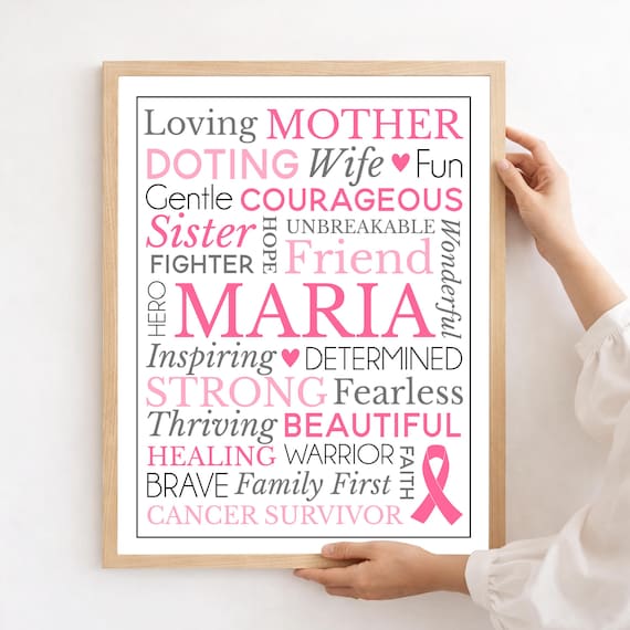 Breast Cancer Survivor Gift: Personalized Name Word Cloud Art with Pink Ribbon