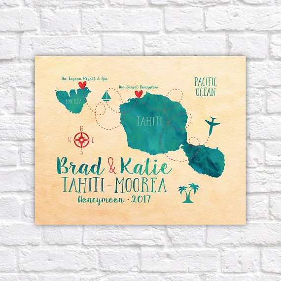 Tahiti And Moorea Map Personalized Destination Wedding Etsy