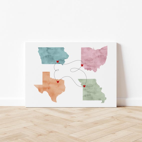 4 Map Art Print: Personalized Travel Map or Locations Lived Gift
