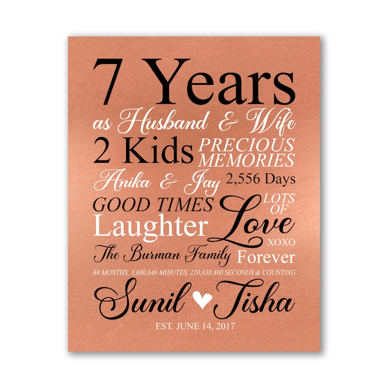 7th Anniversary Gift, Copper 7 Year Anniversary Art Personalized Sign, Couples Gift, 7th Anniversary for Him, Her, Husband, Wife Seven Years image 7