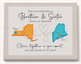 Long Distance Brother and Sister Maps - Personalized Christmas Gift for Siblings