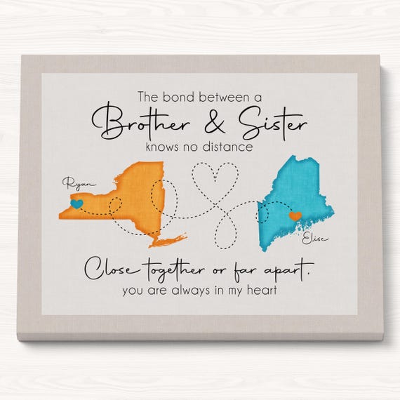 Long Distance Brother and Sister Maps - Personalized Christmas Gift for Siblings