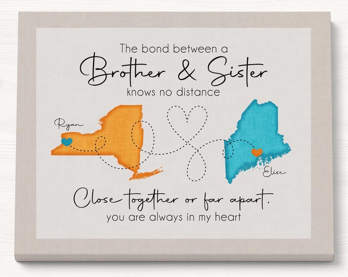 Featured listing image: Long Distance Brother and Sister Maps - Personalized Christmas Gift for Siblings