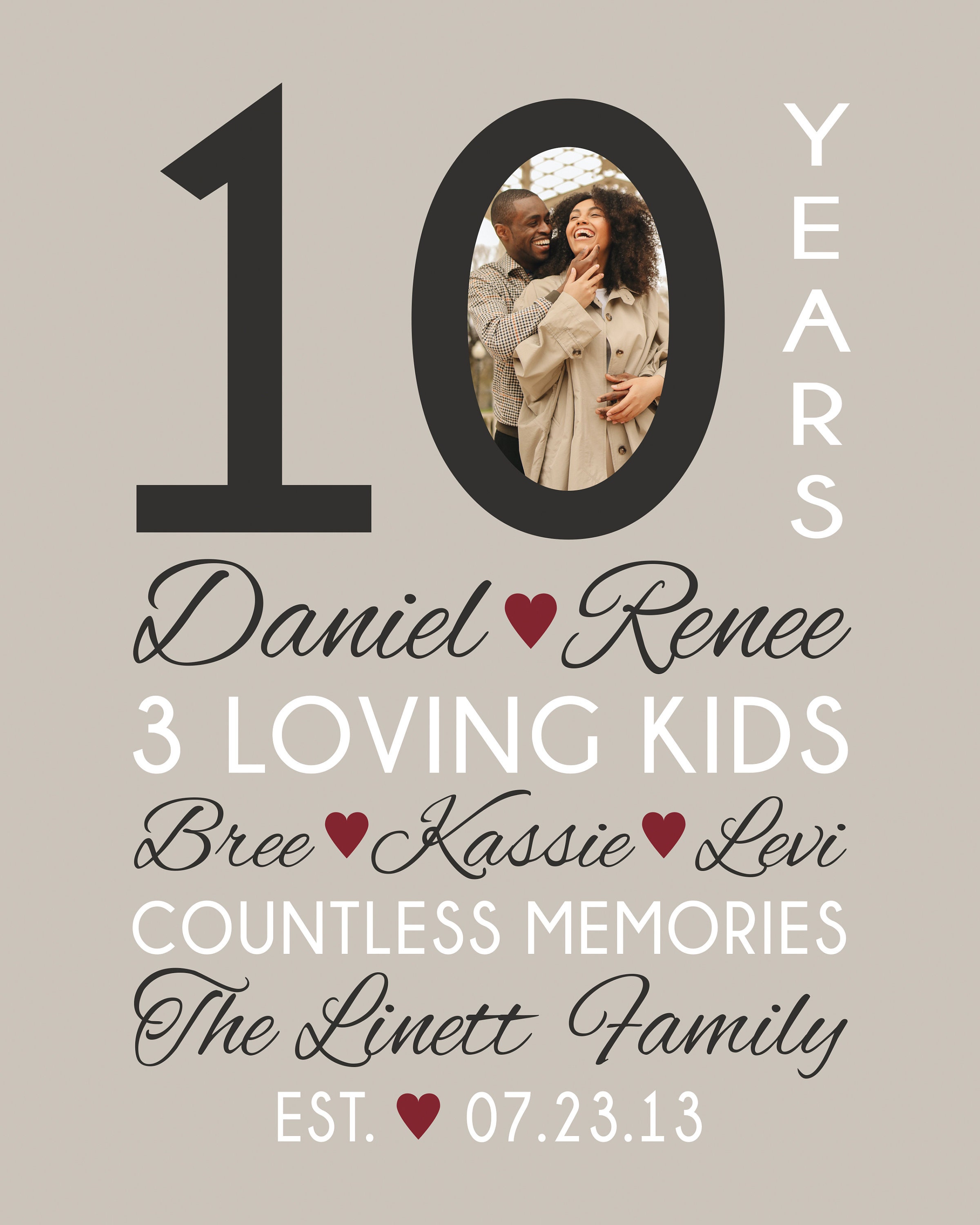 10th Wedding Anniversary Gift, 10 Year Anniversaries, Customized