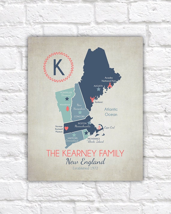 Custom New England Map Print: Personalized Family Names & Date