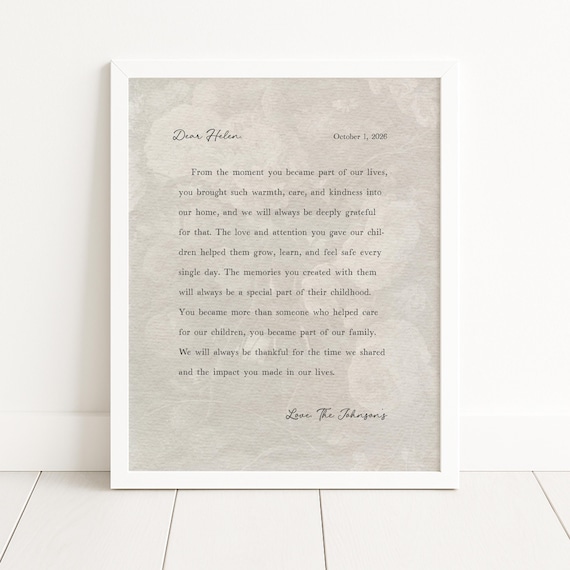 Letter to Nanny, Personalized Thank You Gift for Children's Nanny or Au Pair