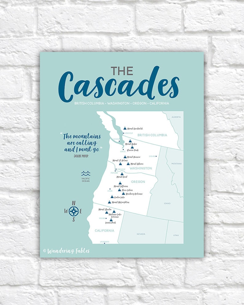 Cascades Map, Mountain Range, British Columbia, Washington, Oregon, Northern California Maps, Volcanoes, Informative Art, PNW Gifts WF602 image 1