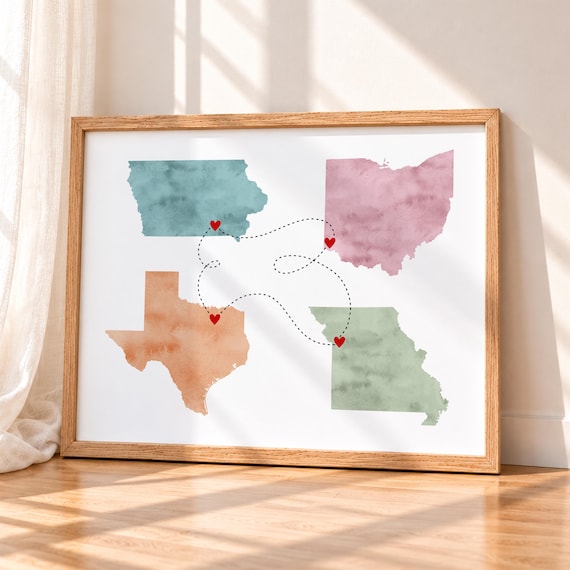 4 Map Art Print: Personalized Travel Map or Locations Lived Gift