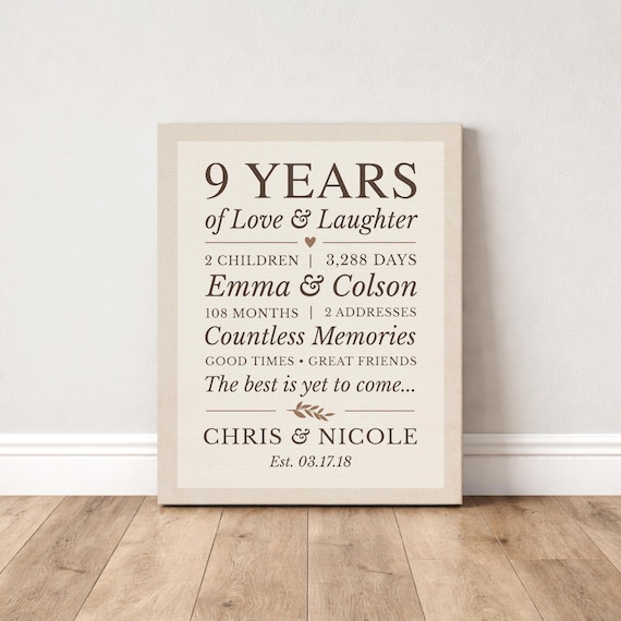 9th Anniversary Gift for Wife, Husband: Personalized Words on Canvas