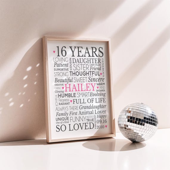 16th Birthday Gift for Girl: Personalized Word Cloud Art, Print or Canvas