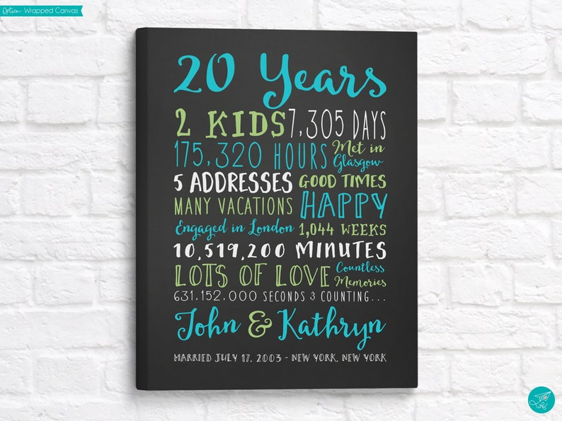 20th Wedding Anniversary Art, Personalized with Names and Couples Stats, Custom 20 Yer Anniversary Gift for Husband, Wife, Parents, Friends image 1