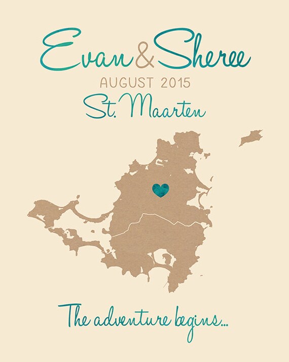 Destination Wedding Map St Maarten Saint Martin Caribbean Etsy