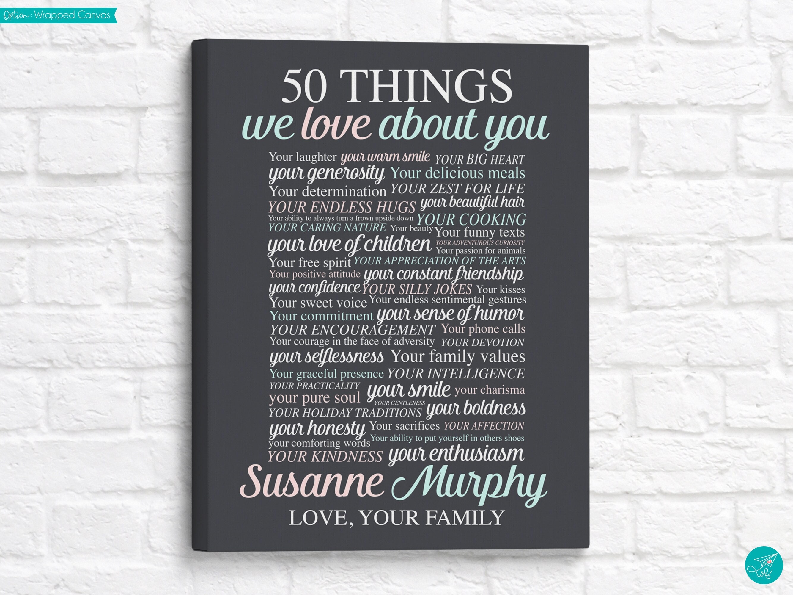 50 Things We Love About You, 50th Birthday Gift For Her, Woman, Sister,  Mom, Party Decoration, 50th Birthday Sign 50 Reasons Why Art Decor