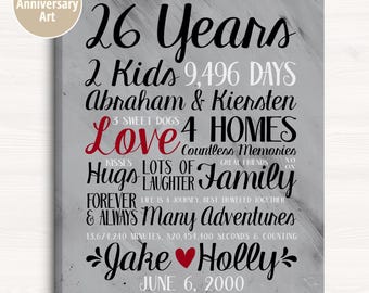 26th Anniversary Gift Personalized Canvas Art for Spouse - Unique Couples Wall Decor 26 Years of Marriage Celebration