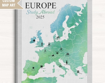 Europe Study Abroad Map, Personalized Locations Visited while Studying, Foreign Exchange Program Gifts for Him or Her