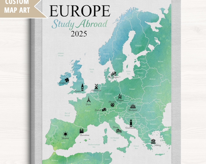 Featured listing image: Europe Study Abroad Map, Personalized Locations Visited while Studying, Foreign Exchange Program Gifts for Him or Her