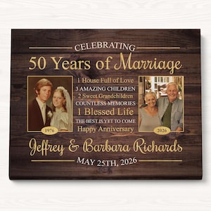 50th Wedding Anniversary Sign - Custom Golden Anniversary Gift with Photos, Personalized Keepsake Wall Art, 50 Years of Marriage Celebration