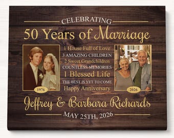 50th Wedding Anniversary Sign - Custom Golden Anniversary Gift with Photos, Personalized Keepsake Wall Art, 50 Years of Marriage Celebration