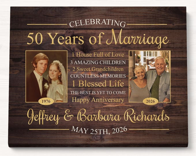 Featured listing image: 50th Wedding Anniversary Sign - Custom Golden Anniversary Gift with Photos, Personalized Keepsake Wall Art, 50 Years of Marriage Celebration