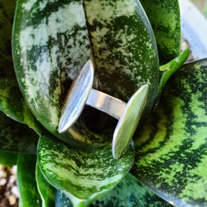 以下が含まれることがあります： 2つの細長い楕円形のアクセントが付いたシルバーリング。 リングは、緑と白の模様の葉を背景に配置され、金属の光沢と自然な質感のコントラストを生み出しています。 リングのデザインはミニマリストでモダンです。