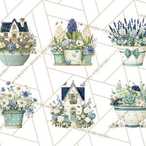 May include: A collection of watercolor illustrations featuring floral arrangements and miniature houses in pastel blue and white tones. The designs include various flower pots and bowls filled with hydrangeas, daisies, lavender, and succulents, with butterfly accents.