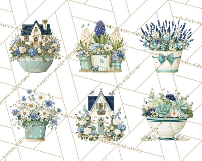 May include: A collection of watercolor illustrations featuring floral arrangements and miniature houses in pastel blue and white tones. The designs include various flower pots and bowls filled with hydrangeas, daisies, lavender, and succulents, with butterfly accents.