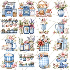 Blå Cottagecore kök Clipart, blommig kök PNG, vintage köksredskap, rustika rätter, lantliga matlagningselement, mysig köksinredning bild 5