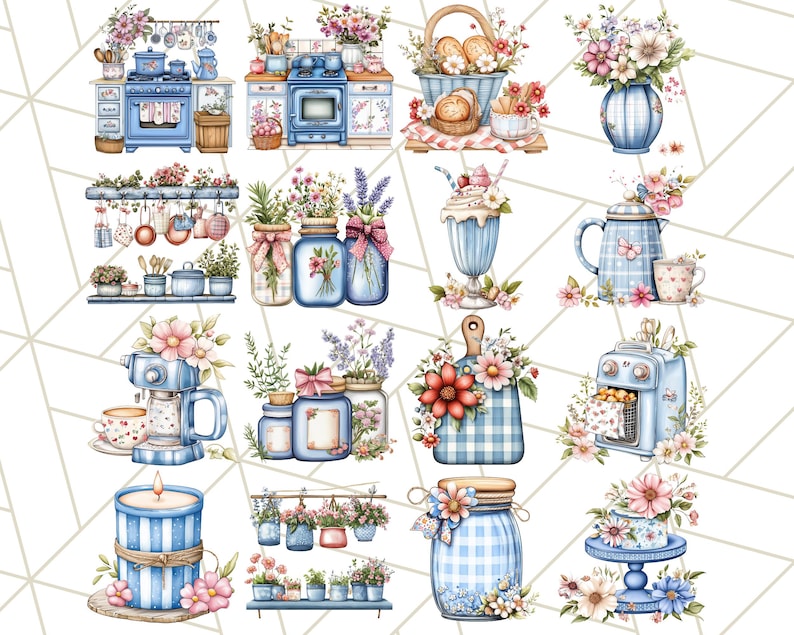 Blå Cottagecore kök Clipart, blommig kök PNG, vintage köksredskap, rustika rätter, lantliga matlagningselement, mysig köksinredning bild 5