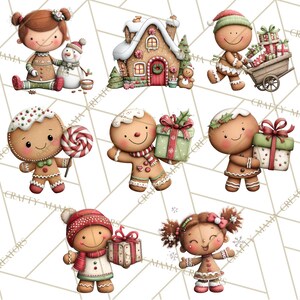 K&ouml;nnte beinhalten: Aquarellillustrationen mit Lebkuchenfiguren und einem Lebkuchenhaus. Die Lebkuchenfiguren halten Geschenke, einen Lutscher und einen Wagen voller Pr&auml;sente. Die Farbpalette umfasst Braun-, Rot-, Gr&uuml;n- und Wei&szlig;t&ouml;ne, die ein festliches Weihnachtsthema hervorrufen.