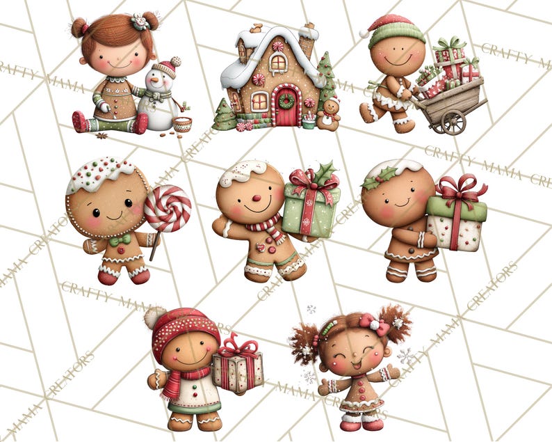 K&ouml;nnte beinhalten: Aquarellillustrationen mit Lebkuchenfiguren und einem Lebkuchenhaus. Die Lebkuchenfiguren halten Geschenke, einen Lutscher und einen Wagen voller Pr&auml;sente. Die Farbpalette umfasst Braun-, Rot-, Gr&uuml;n- und Wei&szlig;t&ouml;ne, die ein festliches Weihnachtsthema hervorrufen.