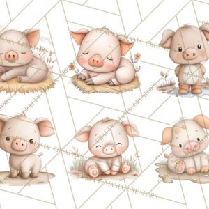 Peut inclure: Six illustrations &agrave; l'aquarelle de mignons cochons de dessin anim&eacute; dans diverses poses. Les cochons sont rose clair avec des oreilles et des museaux rose fonc&eacute;. Certains sont couch&eacute;s sur du foin, d'autres sont debout ou assis dans des flaques. Le th&egrave;me g&eacute;n&eacute;ral est les animaux de la ferme.