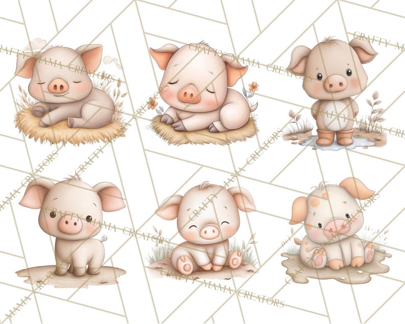 Peut inclure: Six illustrations &agrave; l'aquarelle de mignons cochons de dessin anim&eacute; dans diverses poses. Les cochons sont rose clair avec des oreilles et des museaux rose fonc&eacute;. Certains sont couch&eacute;s sur du foin, d'autres sont debout ou assis dans des flaques. Le th&egrave;me g&eacute;n&eacute;ral est les animaux de la ferme.