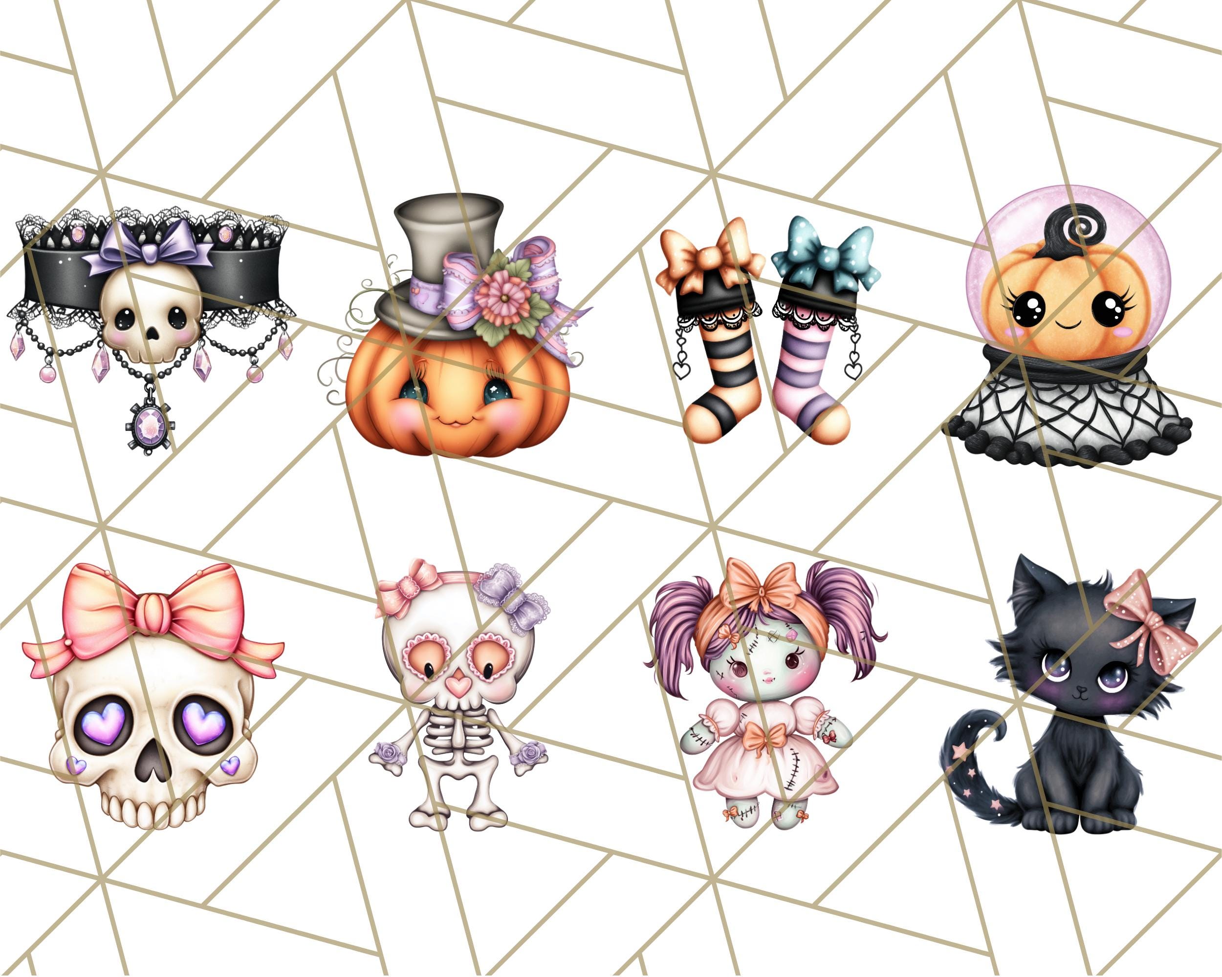 Pastel Goth Halloween Clipart, Cute Skulls, Bats, Haunted Dolls, Moon