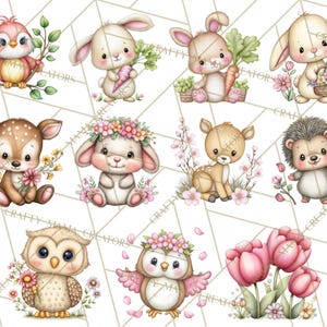 May include: A set of watercolour illustrations of cute woodland animals. The image includes a bird, rabbits with carrots and flowers, a deer, a hedgehog, and owls. The illustrations are in soft pastel colours with floral accents.