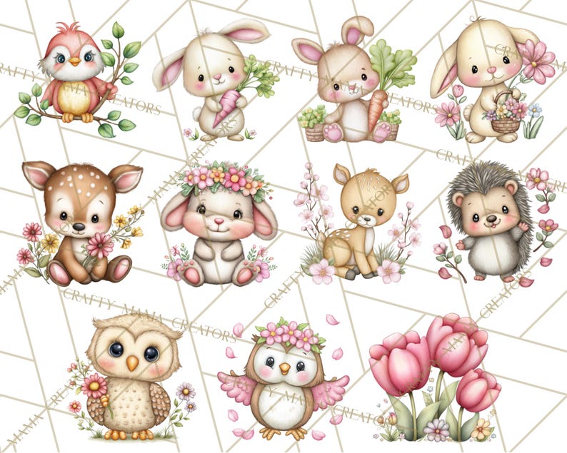 May include: A set of watercolour illustrations of cute woodland animals. The image includes a bird, rabbits with carrots and flowers, a deer, a hedgehog, and owls. The illustrations are in soft pastel colours with floral accents.