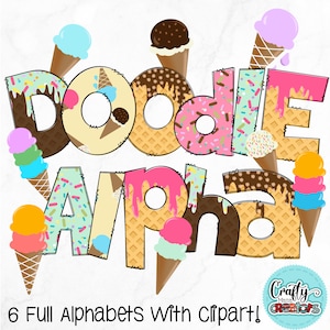 Letras de helado (archivos PNG), paquete de conos de helado con imágenes prediseñadas, conjunto de dulces (PNG), postres (Doodle)