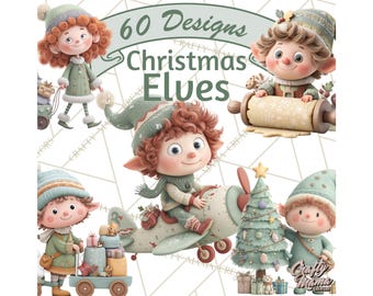 60 Png, Christmas Elves Clipart PNG, Classic Holiday Elf Clip Art, Santa’s Workshop Toys Presents Wrapping Baking Cocoa, Christmas Digital