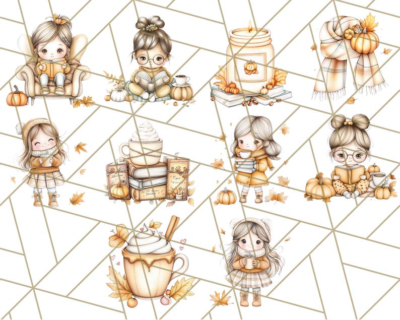 Pode incluir: Um conjunto de nove ilustra&ccedil;&otilde;es digitais com meninas fofas em cen&aacute;rios outonais. As ilustra&ccedil;&otilde;es incluem meninas lendo livros, tomando caf&eacute; e curtindo a esta&ccedil;&atilde;o do outono. As ilustra&ccedil;&otilde;es s&atilde;o perfeitas para usar em scrapbooking digital, cria&ccedil;&atilde;o de cart&otilde;es e outros projetos criativos.