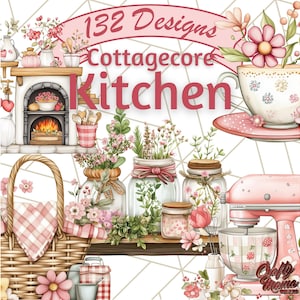 Imágenes prediseñadas de cocina estilo cottagecore, imágenes PNG de cocina floral, utensilios de cocina vintage, platos rústicos, elementos de cocina cottagecore, decoración de cocina acogedora