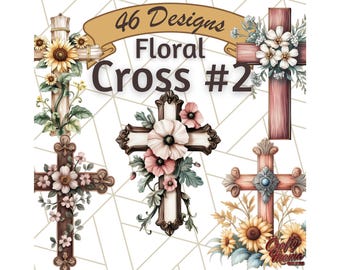 46 png, aquarel bloemen kruis clipart, christelijk kruis png, religieuze illustraties, bloemen kruis illustraties, afdrukbare geloof graphics,