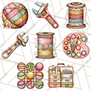 May include: A collection of watercolor illustrations featuring craft supplies. Includes a ball of yarn, adjustable wrenches, spools of thread, a paint palette with brushes, and a vintage-style suitcase filled with art supplies.