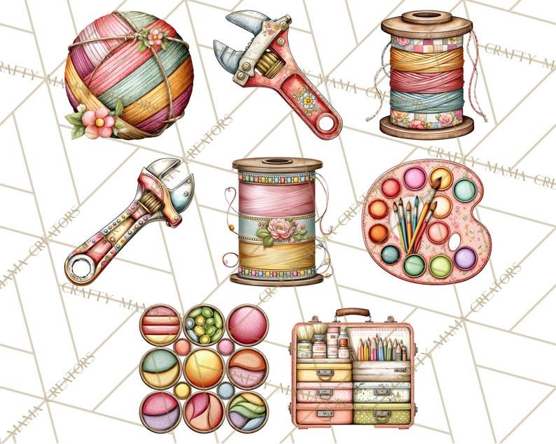 May include: A collection of watercolor illustrations featuring craft supplies. Includes a ball of yarn, adjustable wrenches, spools of thread, a paint palette with brushes, and a vintage-style suitcase filled with art supplies.