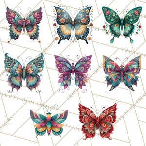Puede incluir: Una colecci&oacute;n de siete dise&ntilde;os de mariposas en acuarela en varios colores. Cada mariposa presenta patrones y detalles intrincados, con una mezcla de tonos turquesa, morado, naranja y rojo. Las mariposas est&aacute;n sobre un fondo blanco con un patr&oacute;n geom&eacute;trico.
