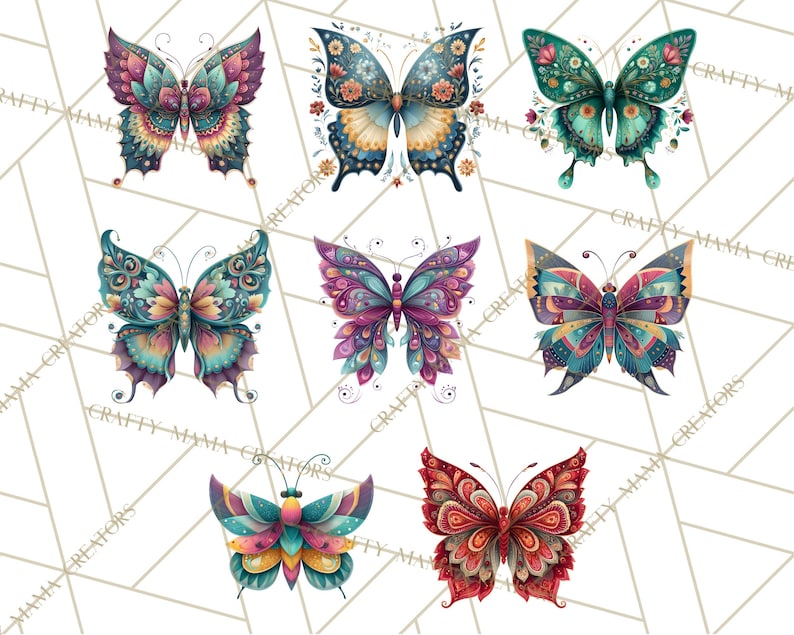 Puede incluir: Una colecci&oacute;n de siete dise&ntilde;os de mariposas en acuarela en varios colores. Cada mariposa presenta patrones y detalles intrincados, con una mezcla de tonos turquesa, morado, naranja y rojo. Las mariposas est&aacute;n sobre un fondo blanco con un patr&oacute;n geom&eacute;trico.