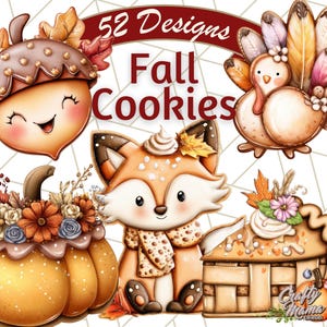 May include: Watercolor illustrations of fall-themed cookies. The image features an acorn, a fox, a pumpkin, a turkey, and a pie, all with smiling faces and autumn colors. The text "52 Designs Fall Cookies" is displayed at the top.