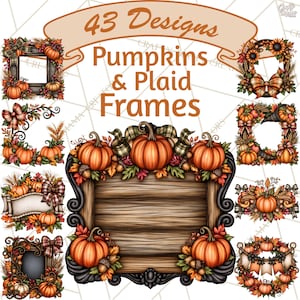 Puede incluir: Una colección digital de 43 diseños con calabazas y marcos de cuadros. Los gráficos incluyen varios letreros de madera, bordes rectangulares y circulares decorados con calabazas naranjas, hojas de otoño, tallos de trigo y lazos de cuadros.