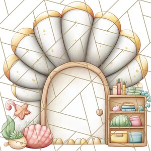 K&ouml;nnte beinhalten: Eine skurrile Illustration eines muschelf&ouml;rmigen Hauses mit Holzt&uuml;r und kleinem B&uuml;cherregal. Das Haus ist wei&szlig; mit gelben Akzenten, vor einem geometrischen Hintergrund. Dekorative Elemente sind ein Seestern, eine Muschel und eine Topfpflanze.