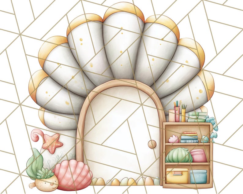 K&ouml;nnte beinhalten: Eine skurrile Illustration eines muschelf&ouml;rmigen Hauses mit Holzt&uuml;r und kleinem B&uuml;cherregal. Das Haus ist wei&szlig; mit gelben Akzenten, vor einem geometrischen Hintergrund. Dekorative Elemente sind ein Seestern, eine Muschel und eine Topfpflanze.